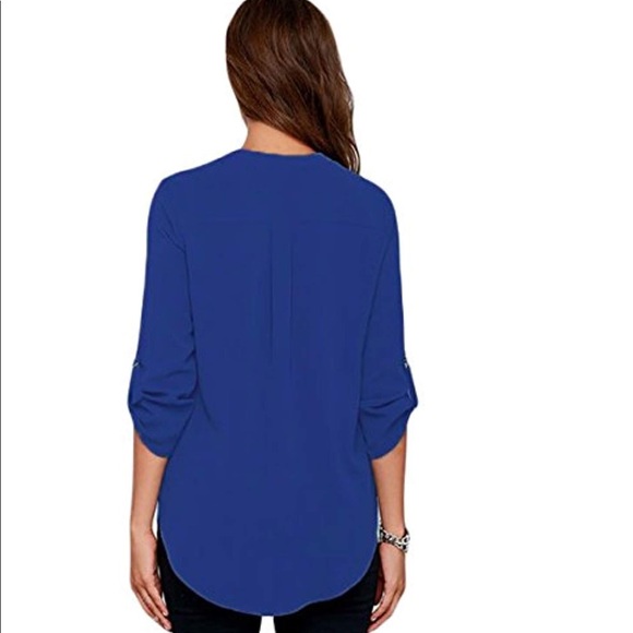 Women's Loose Solid Chiffon Blouses V Neck Cuffed - Picture 2 of 4